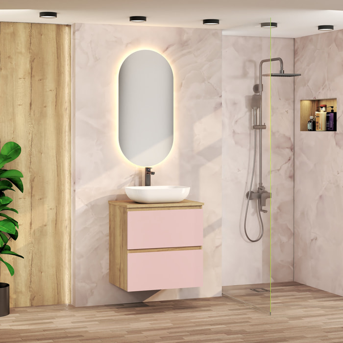 Conjunto de Baño Nia | Mueble Suspendido | 60 cm Rosa | Dos Cajones | Lavabo Sobrepuesto | No incluye Espejo | Mueble Montado| Alday
