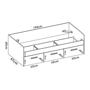 Letto per bambini Adamello, Lettino contenitore per cameretta, Struttura per letto singolo con 3 cassettoni, 194x97h60 cm, Bianco