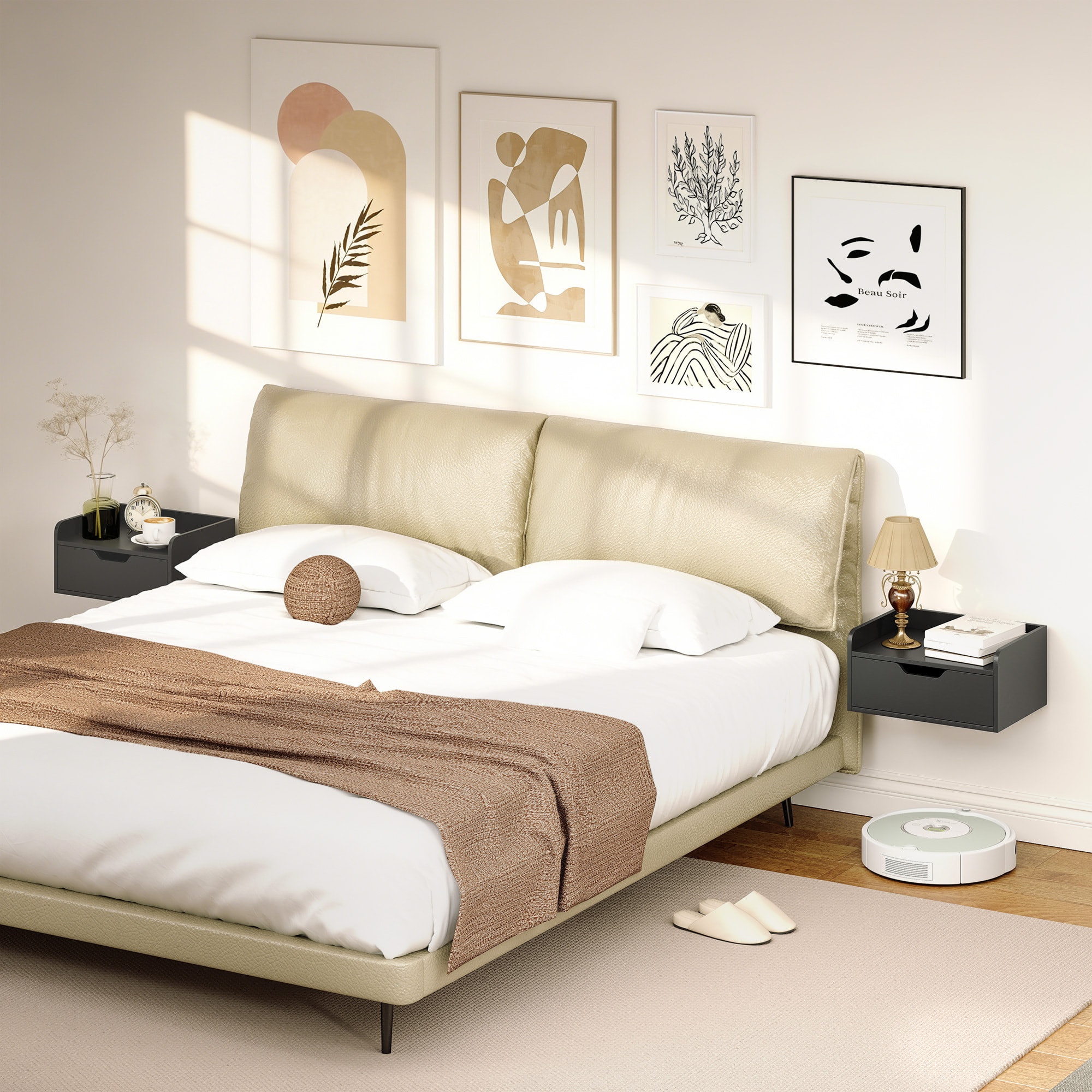 Set de 2 Mesillas de Noche de Pared Mesitas de Noche Flotantes con 1 Cajón para Dormitorio Habitación Hogar Diseño Sencillo 40x30x19,5 cm Negro