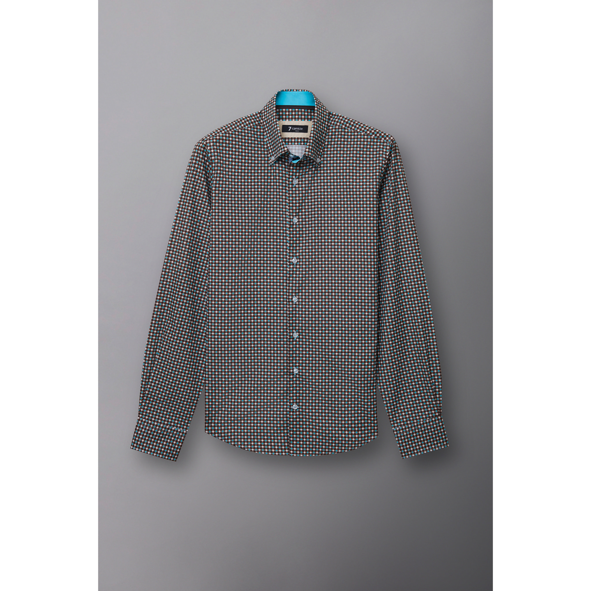 Camicia Uomo 2 Bottoni Button Down Slim Popeline Stampato Marrone Chiaro Bianco
