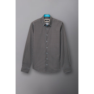 Camicia Uomo 2 Bottoni Button Down Slim Popeline Stampato Marrone Chiaro Bianco