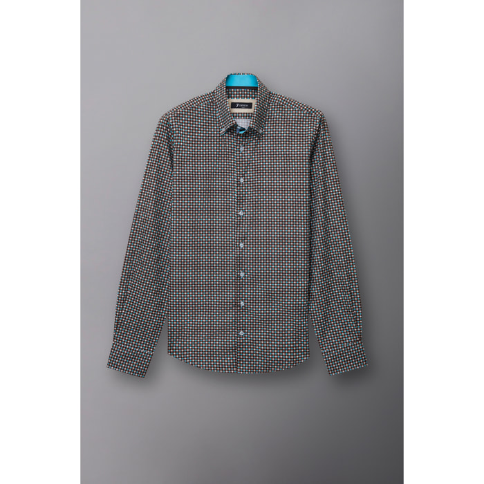Camicia Uomo 2 Bottoni Button Down Slim Popeline Stampato Marrone Chiaro Bianco