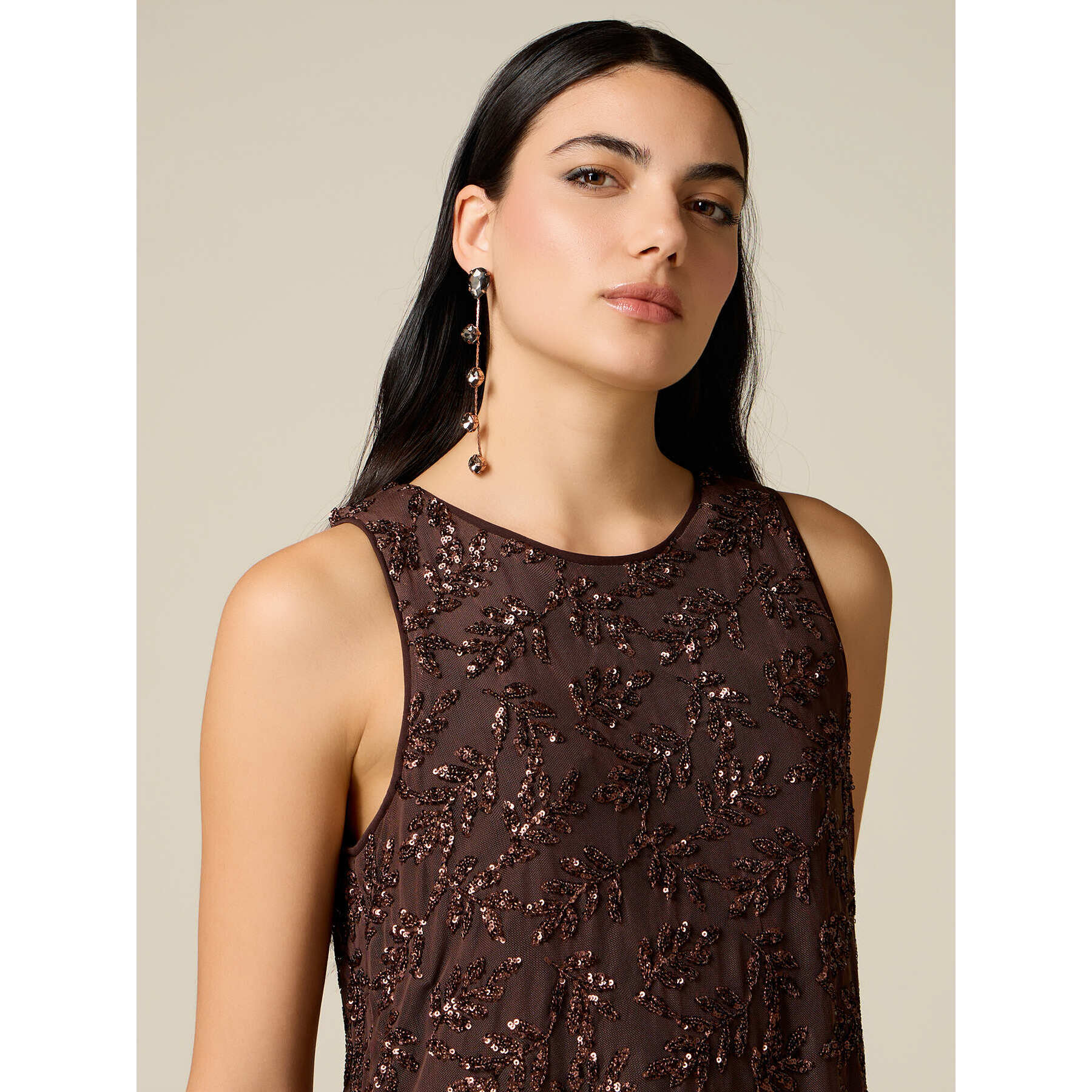 Oltre - Top in tulle con paillettes - Marrone
