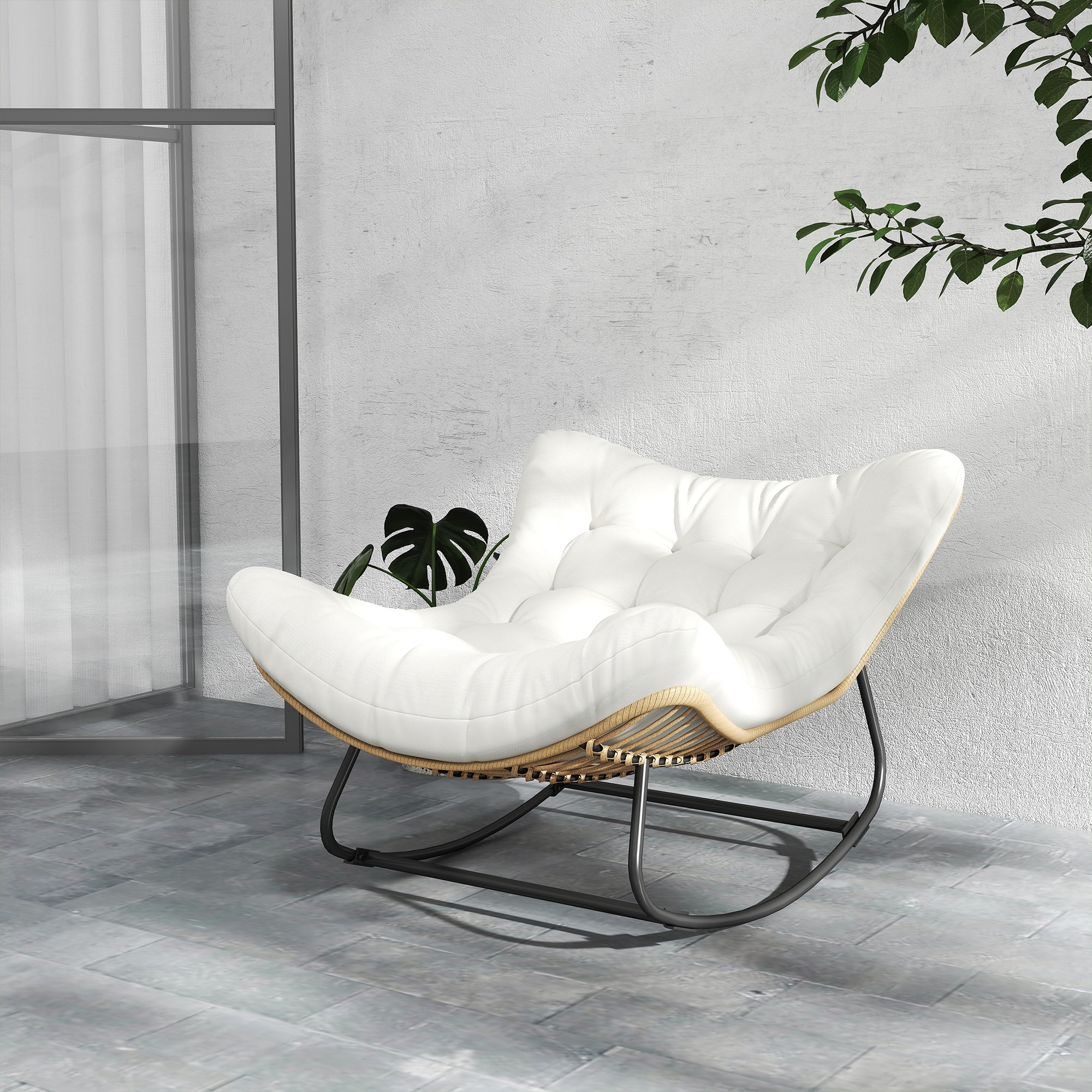 Fauteuil de jardin à bascule - fauteuil à oreilles - chaise à bascule - épais coussin capitonné crème