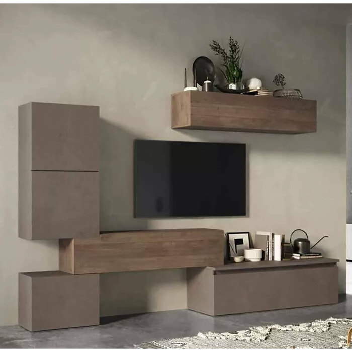 Parete attrezzata Nana, Composizione soggiorno, Mobile salotto multiuso, Armadio porta TV, Made in Italy, 290x40 h190 cm, Bronzo e Noce
