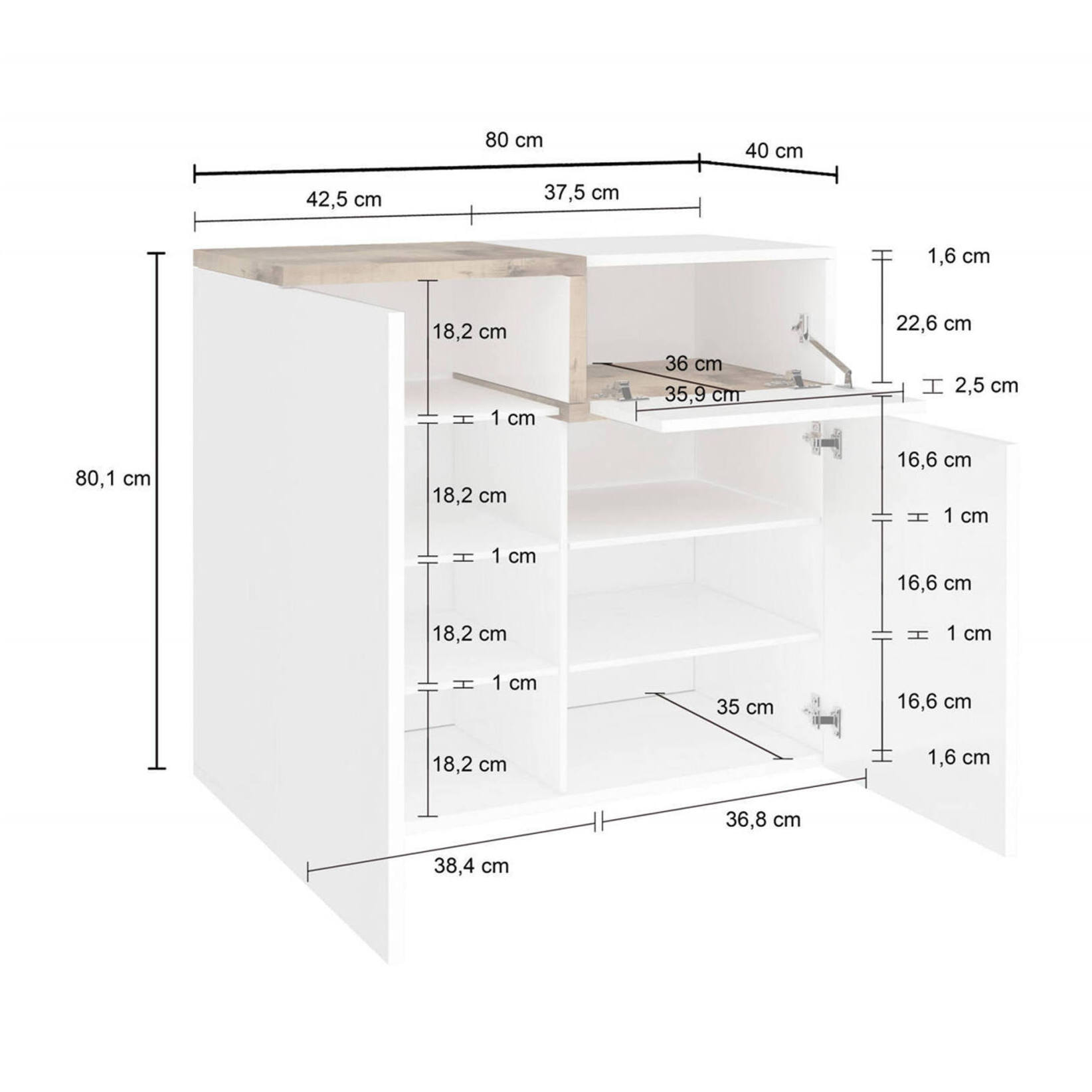 Scarpiera moderna, Made in Italy, a 2 ante e 1 anta a ribalta, Portascarpe da ingresso, Mobile multiuso, cm 80x40h80, colore Bianco lucido e Acero