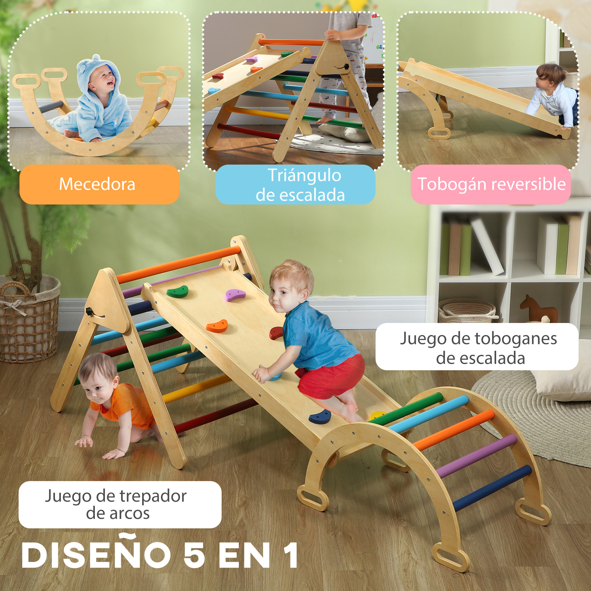 5 en 1 Triángulo de Escalada Montessori con Arco y Rampa, Escalada para Niños de Madera Plegable, para 18-48 Meses, para Deslizarse o Escalar, 178x64,5 cm, Multicolor