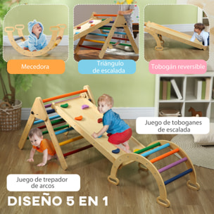 5 en 1 Triángulo de Escalada Montessori con Arco y Rampa, Escalada para Niños de Madera Plegable, para 18-48 Meses, para Deslizarse o Escalar, 178x64,5 cm, Multicolor