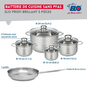 Ensemble de 1 Poêle de cuisson 28 cm et 4 faitouts 12, 14, 16 et 24 cm Elo Profi Brillant