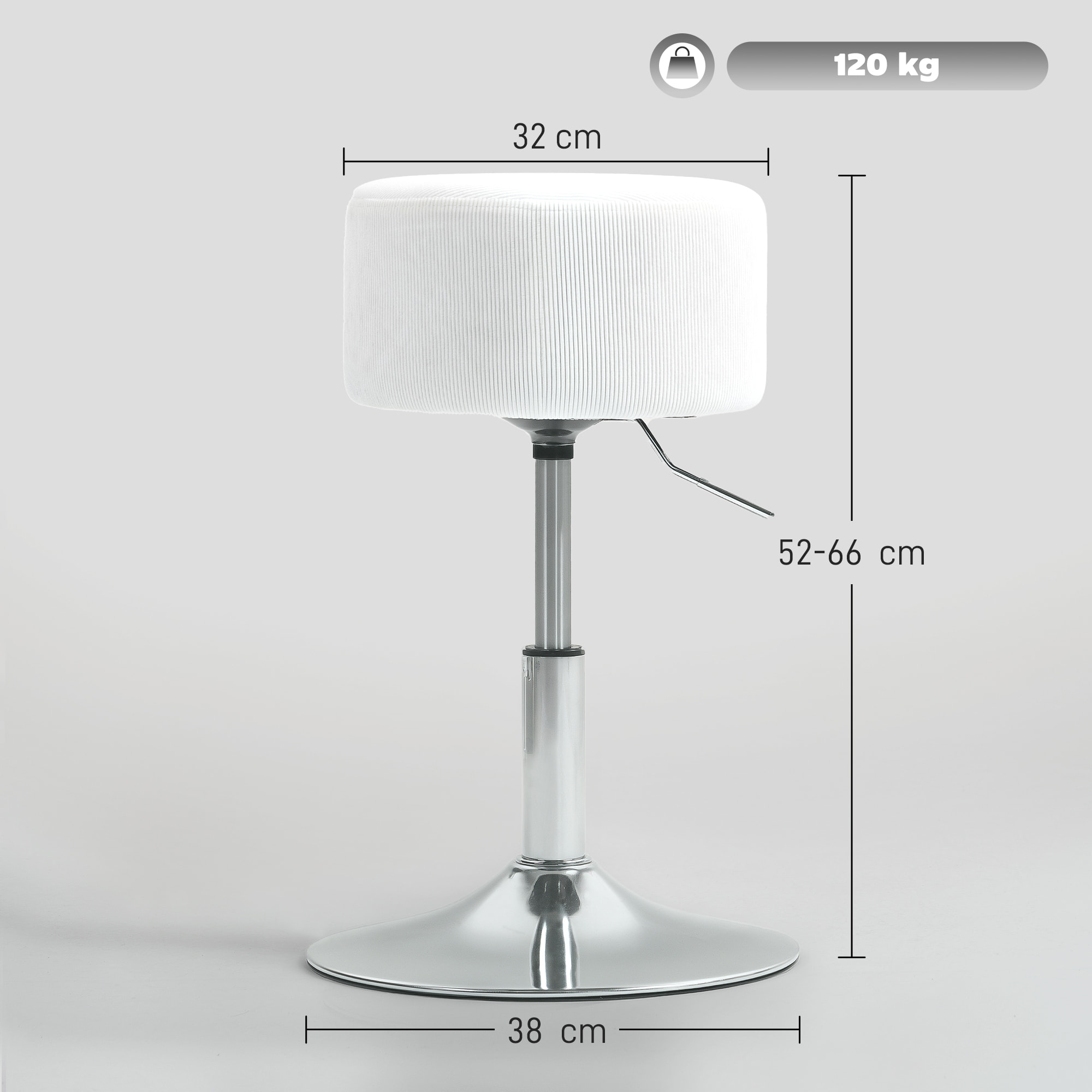 Taburete de Bar Taburete Alto de Cocina Regulable en Altura 52-66 cm Tapizado en Pana Giratorio en 360° para Comedor Tocador Mostrador Blanco