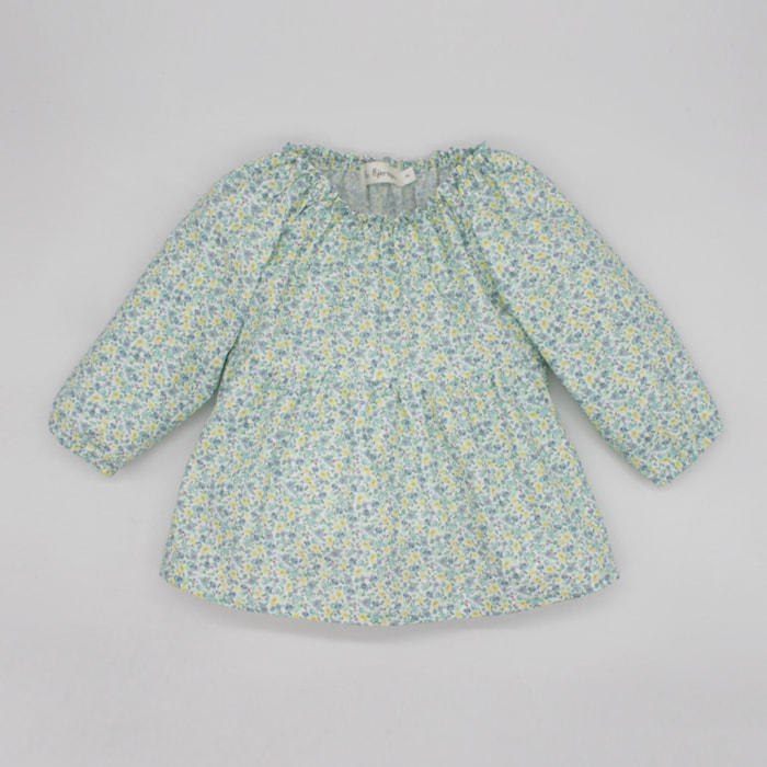 BLUSA FLORES AMARILLA AZUL Y VERDE CON MANGA ABULLONADA