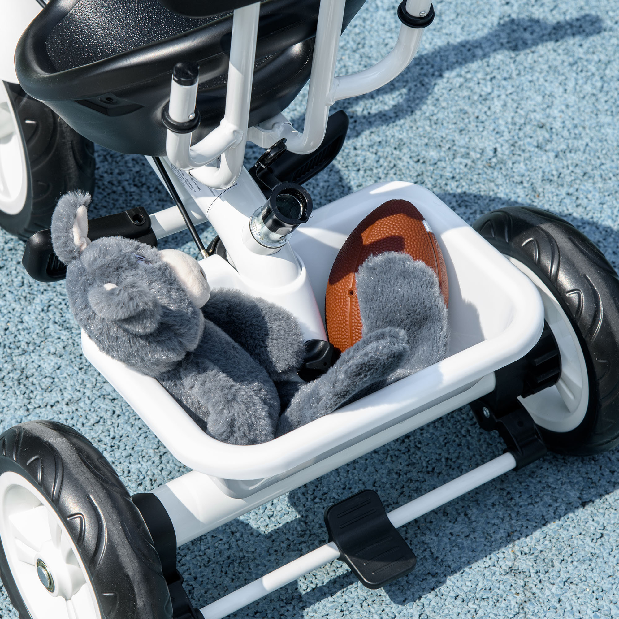 Tricycle enfant pare-soleil pliable canne amovible benne rangement acier blanc noir