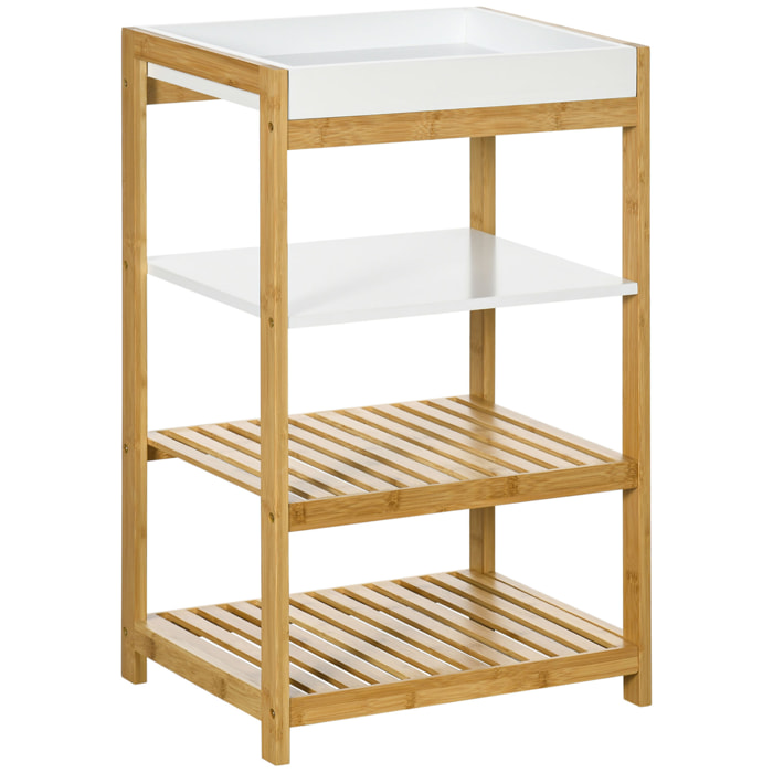 Etagère de rangement 4 niveaux sur pied - 3 étagères, plateau amovible - bois bambou verni MDF blanc