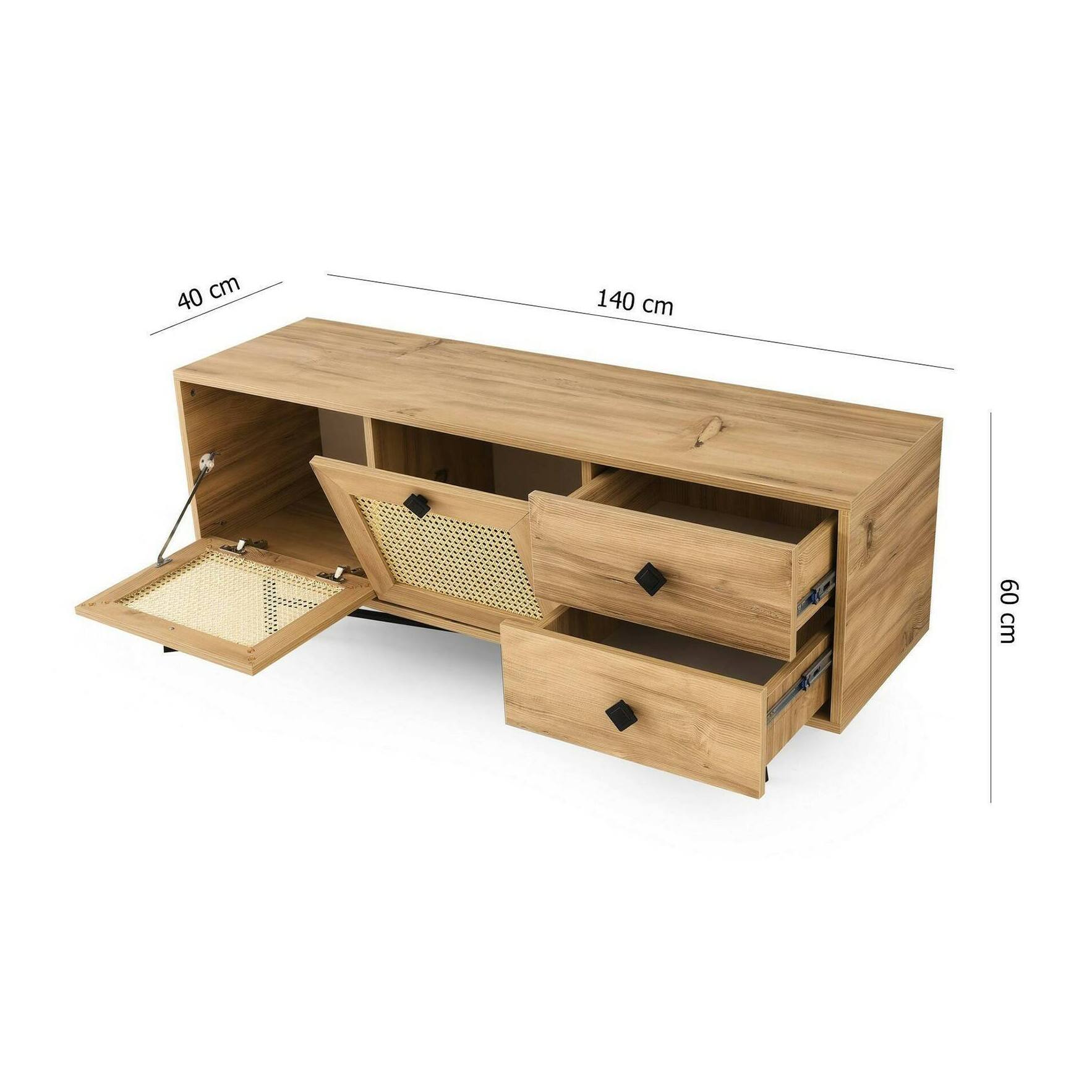 Mobile porta TV Dmarchin, Credenza da soggiorno, Armadio basso per TV, Base parete attrezzata, 140x40h60 cm, Quercia e Nero