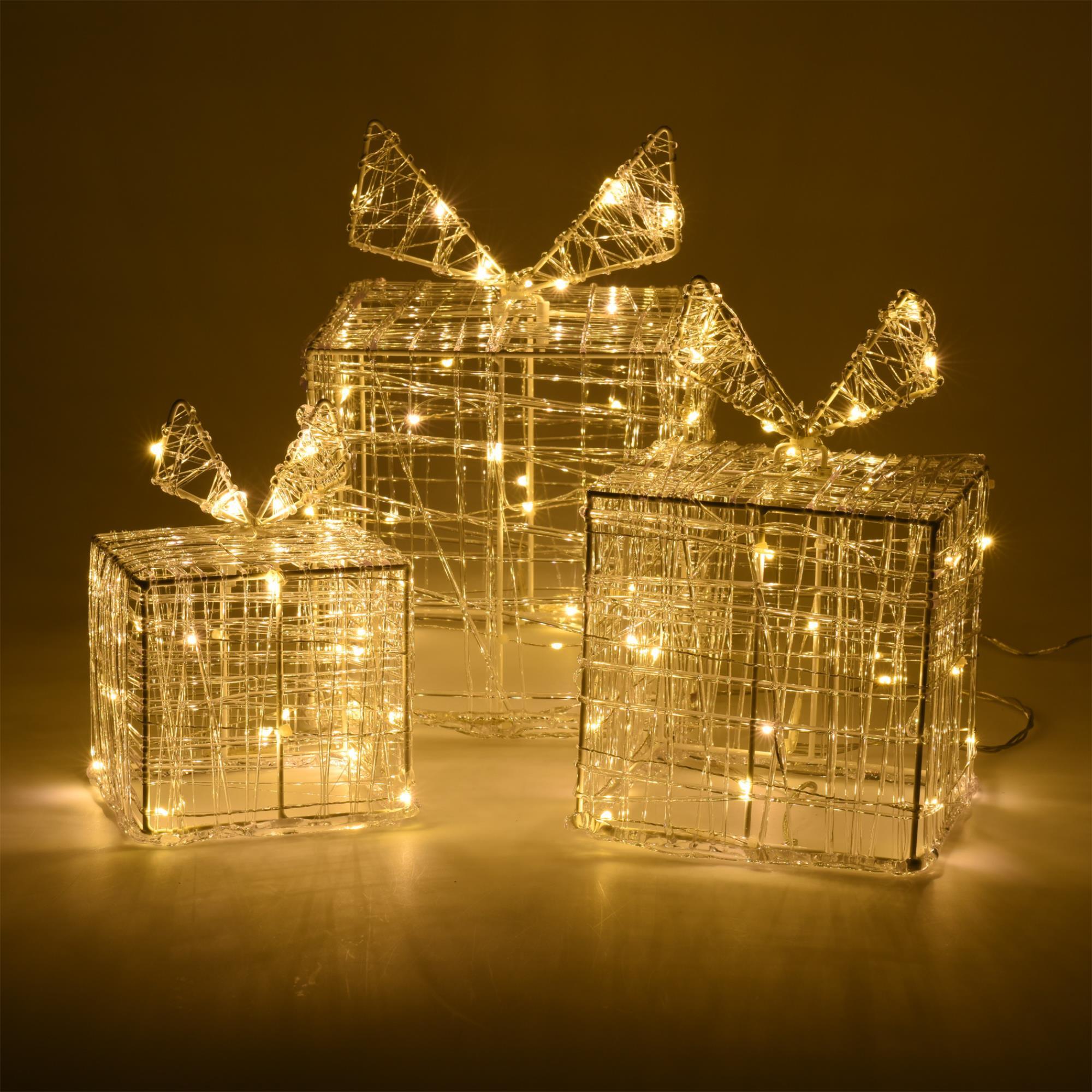 juego de 3 cajas de regalo luminosas con 90 micro leds blancas cálidas