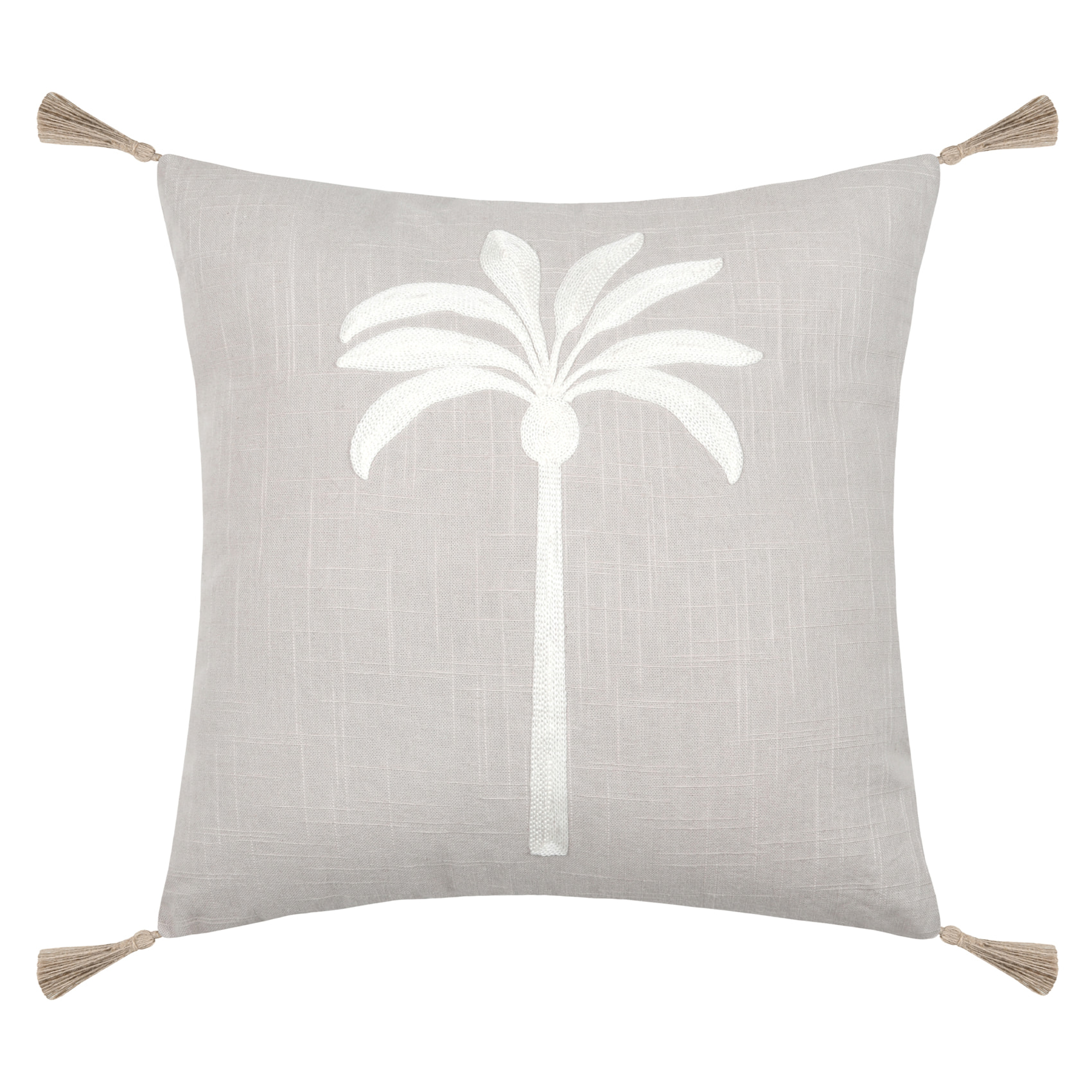 Coussin décoratif brodé motif palmier style tropical - Gris