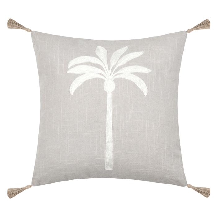 Coussin décoratif brodé motif palmier style tropical - Gris