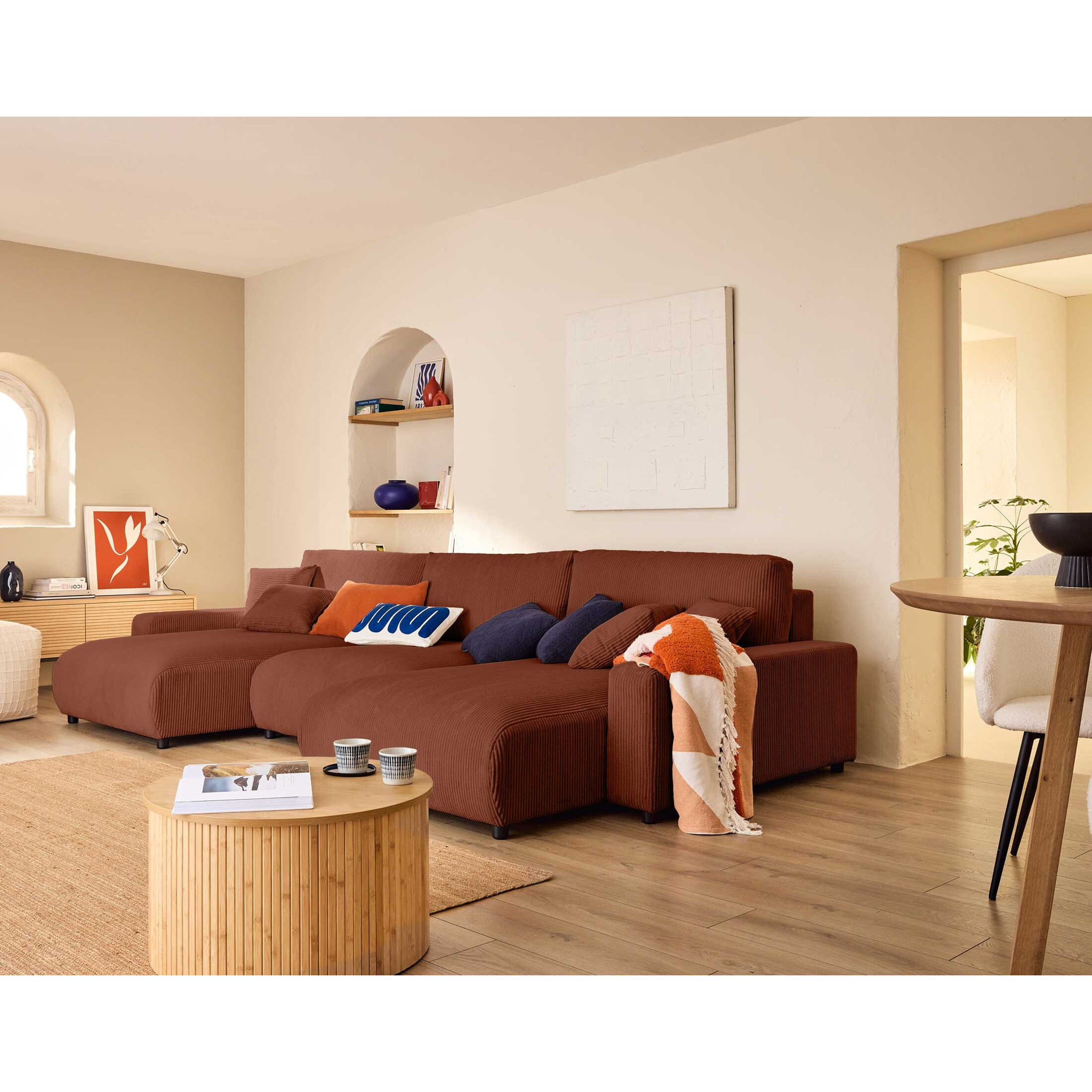 Pivoine - canapé panoramique en U - 7 places - convertible avec coffre - en velours côtelé - Terracotta