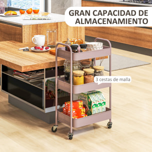 Carrito Auxiliar con Ruedas Carrito de Almacenamiento con 3 Cestas y Marco de Acero para Salón Dormitorio Oficina Cocina 45x30,6x79 cm Rosa