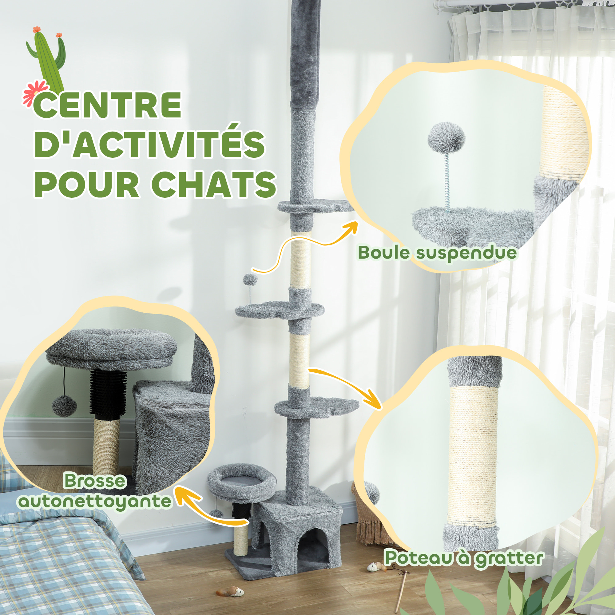 Arbre à chat du sol au plafond H.225-255cm - arbre à chat tour réglable - niche, plateformes, griffoirs, boules - gris