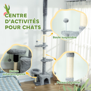 Arbre à chat du sol au plafond H.225-255cm - arbre à chat tour réglable - niche, plateformes, griffoirs, boules - gris