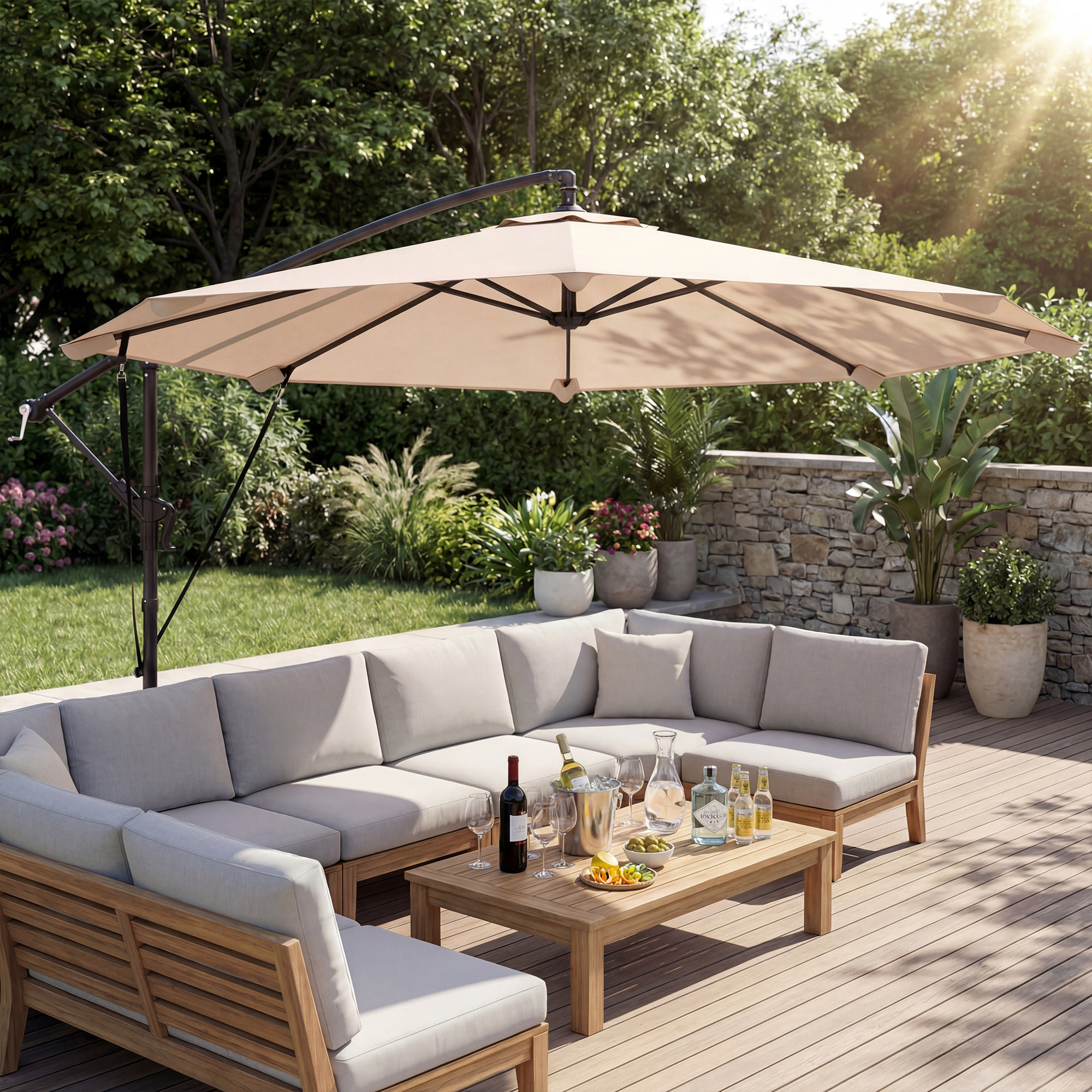 Parasol Excéntrico, Ø300 cm, Sombrilla de Jardín con Base Cruzada, Manivela, Funda Protectora y Cuerdas de Viento, UPF30+, para Terraza, Patio, Caqui