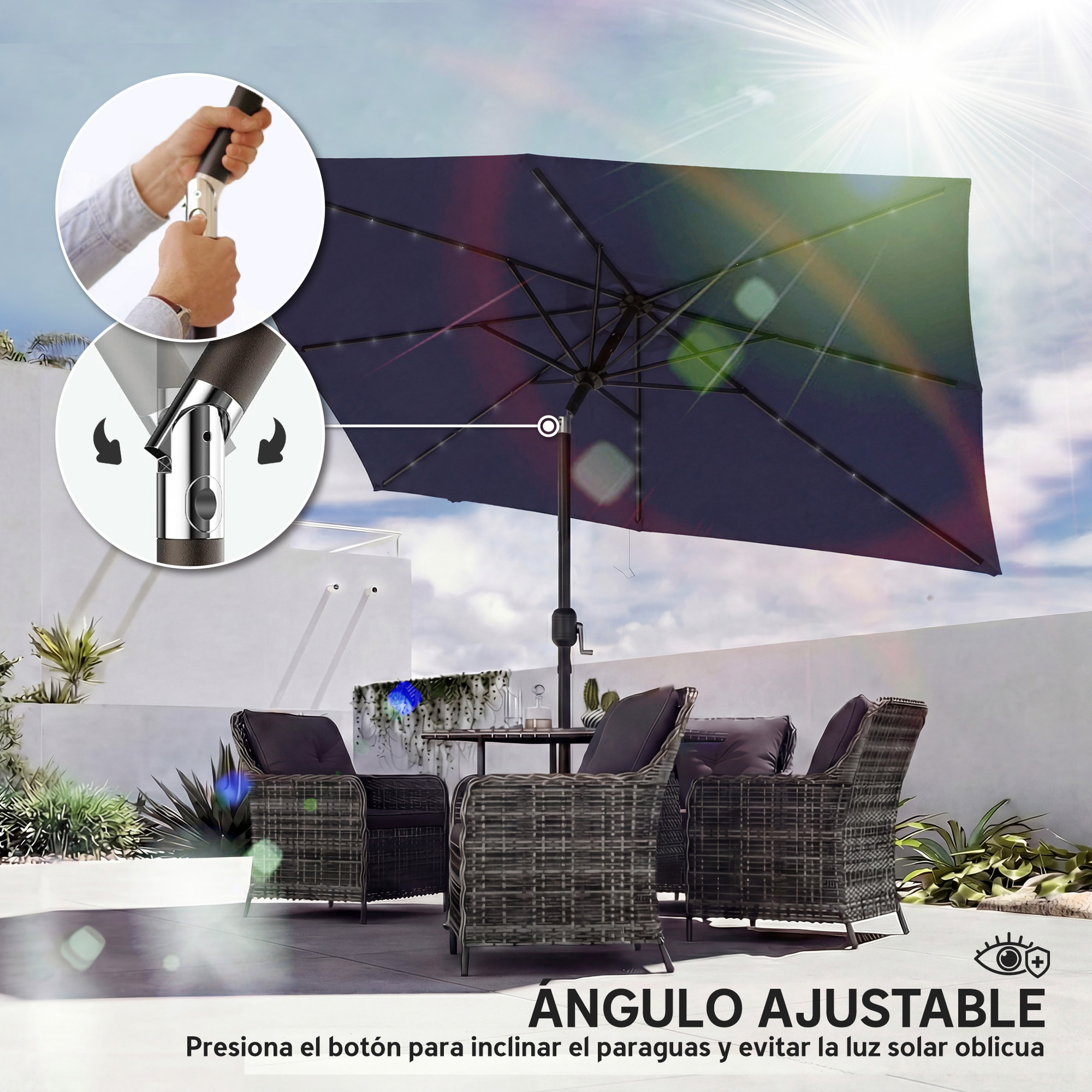 Sombrilla Terraza Exterior, 2,9x2,5 m, Sombrilla de Jardín con 24 Luces LED Solares, Dosel Inclinable, Poste Metálico, Parasol para Patio, Terraza, Azul Oscuro