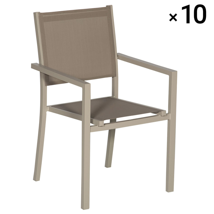 Lot de 10 chaises en aluminium taupe - textilène taupe