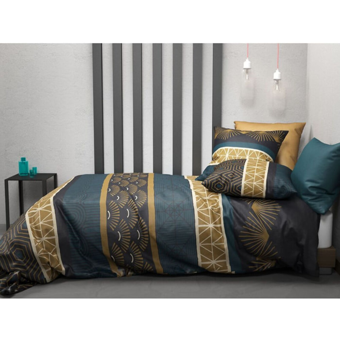 Parure housse de couette coton emeraude, marron
