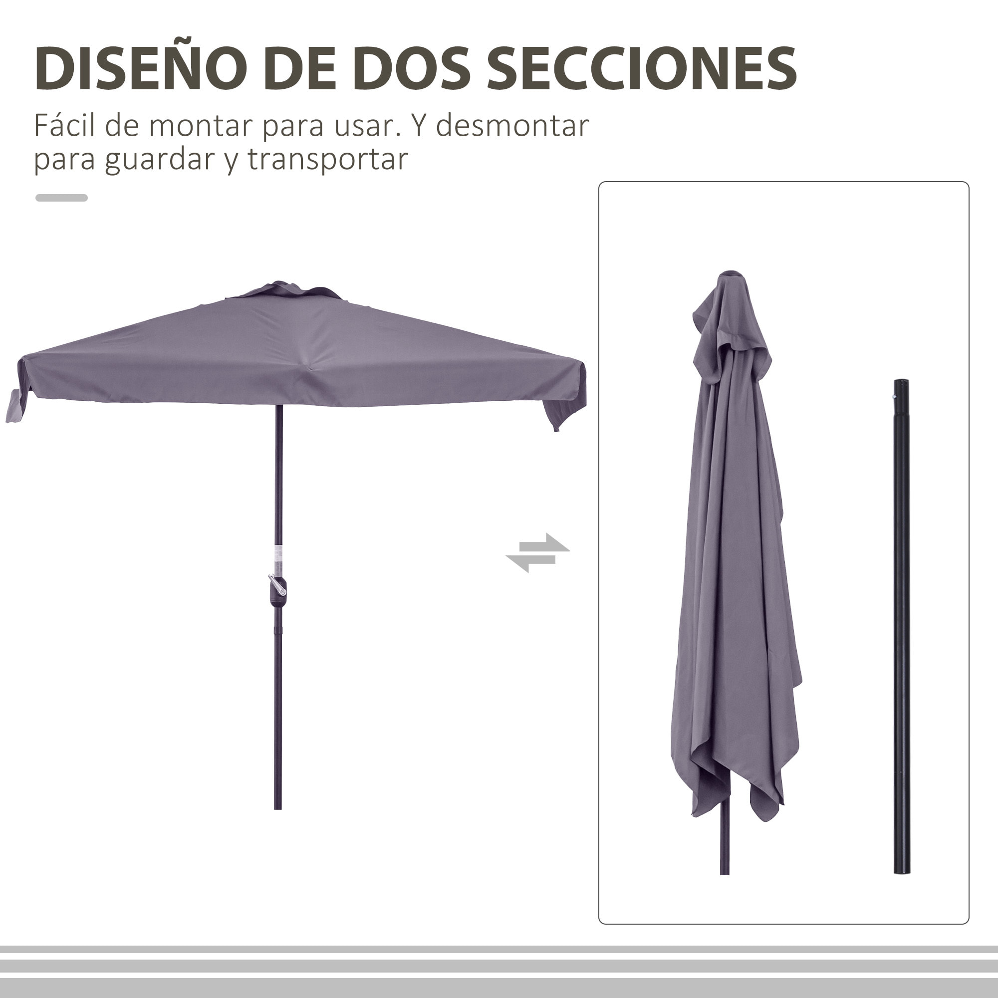 Sombrilla Rectangular 230x130x249 cm Parasol para Pared Media Sombrilla con Manivela Protección UV Impermeable Sombrilla para Balcón Terraza Jardín Gris Oscuro