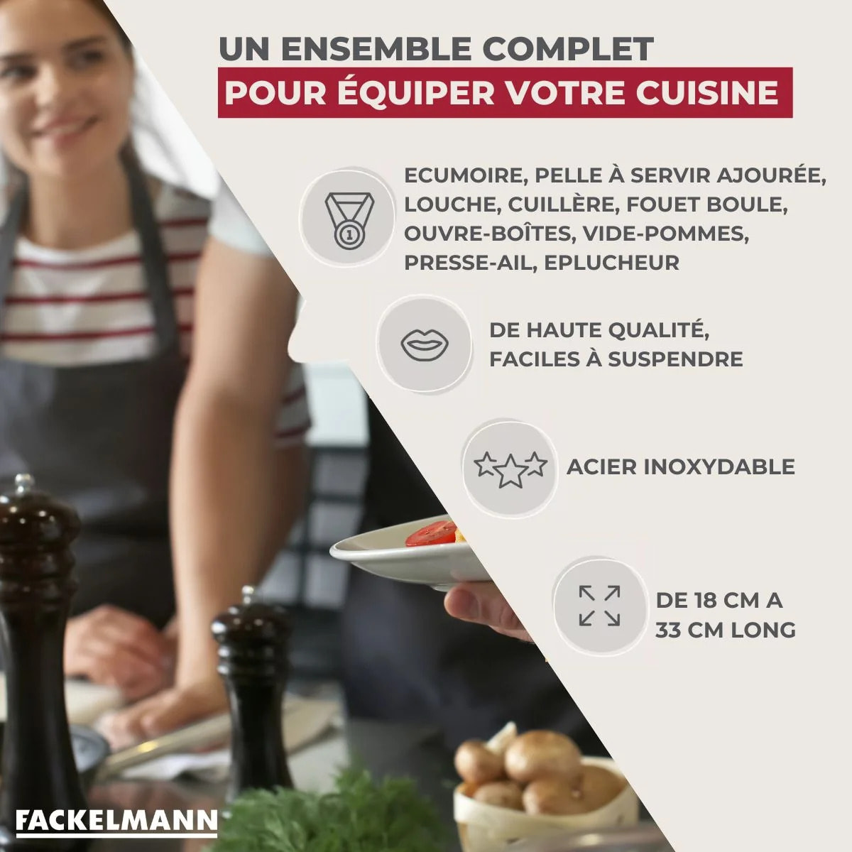 Ensemble de 9 ustensiles de cuisine inox Fackelmann Ovale