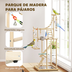 Parque de Juegos para Pájaros, Soporte de Madera para Pájaros con Escaleras, Columpio, Juguete de Cadena, Bandeja, Comederos, para Periquitos, Cacatúas, Cotorras, Agapornis, 48x38x95 cm