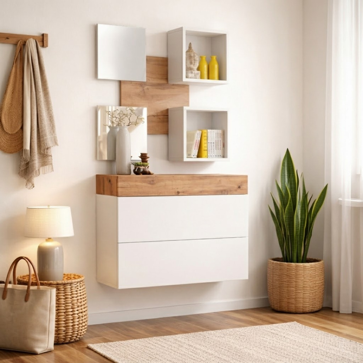 Mobile Ingresso Moderno Con 2 Specchi Vani A Giorno E Base Con Ante E Cassetto Design Elegante Salvaspazio 100 x 170 x 30 Cm Bianco E Rovere