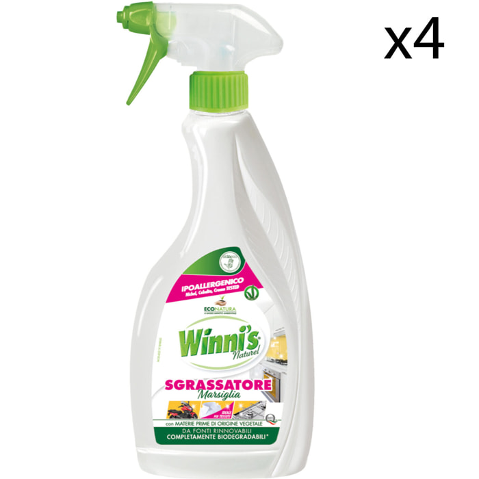 4x Winni's Naturel Sgrassatore Marsiglia Detergente Spray Multiuso per Cucina - 4 Flaconi da 500ml