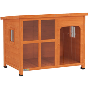 PawHut Caseta para Perros Exterior Casa para Perros Pequeños y Medianos con Techo Asfáltico Abatible Puerta con Cortina Panel Frontal Transparente y Base Extraíble 90x62x71 cm Natural