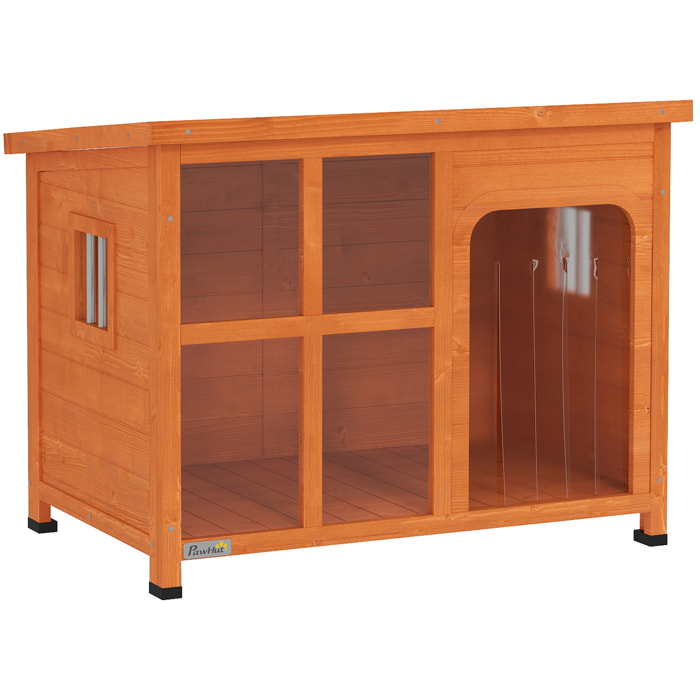 PawHut Caseta para Perros Exterior Casa para Perros Pequeños y Medianos con Techo Asfáltico Abatible Puerta con Cortina Panel Frontal Transparente y Base Extraíble 90x62x71 cm Natural