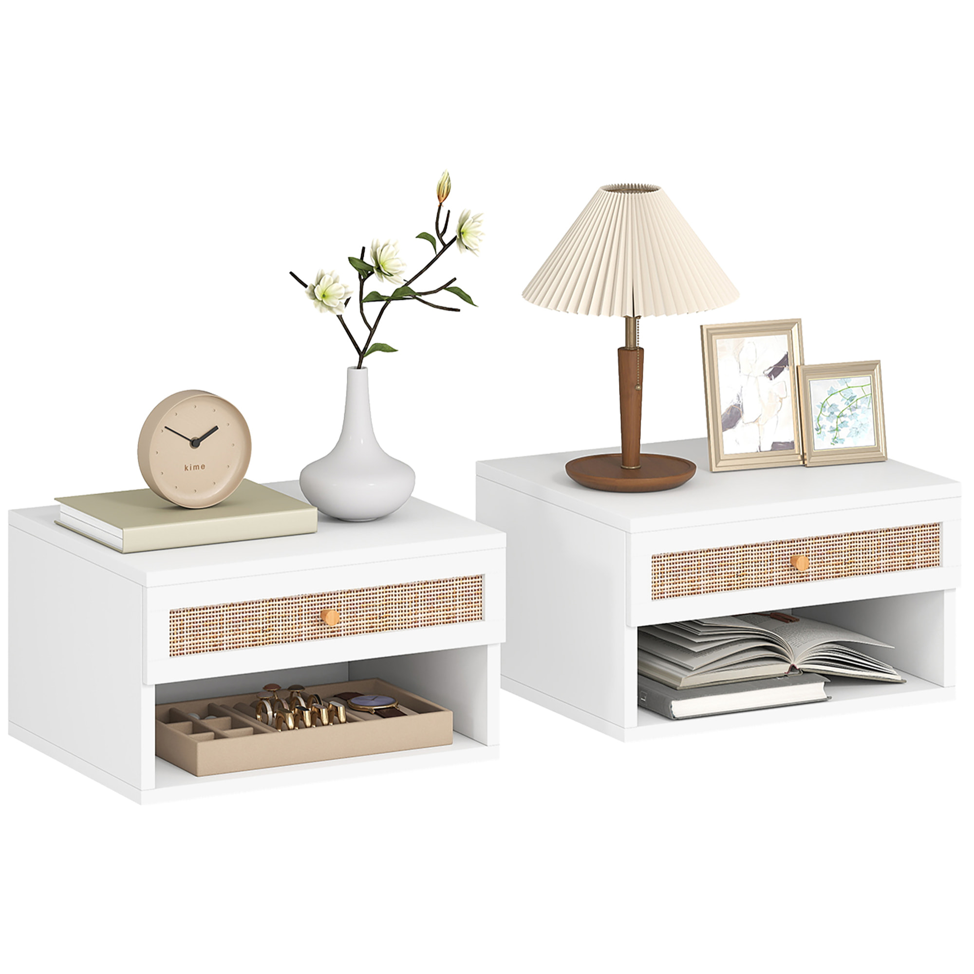 Juego de 2 Mesitas de Noche Flotantes de Pared con Cajón de Ratán y Estante Abierto, Mesillas de Noche Dormitorio de Estilo Nórdico, para Sala de Estar, 40x34x23 cm, Blanco