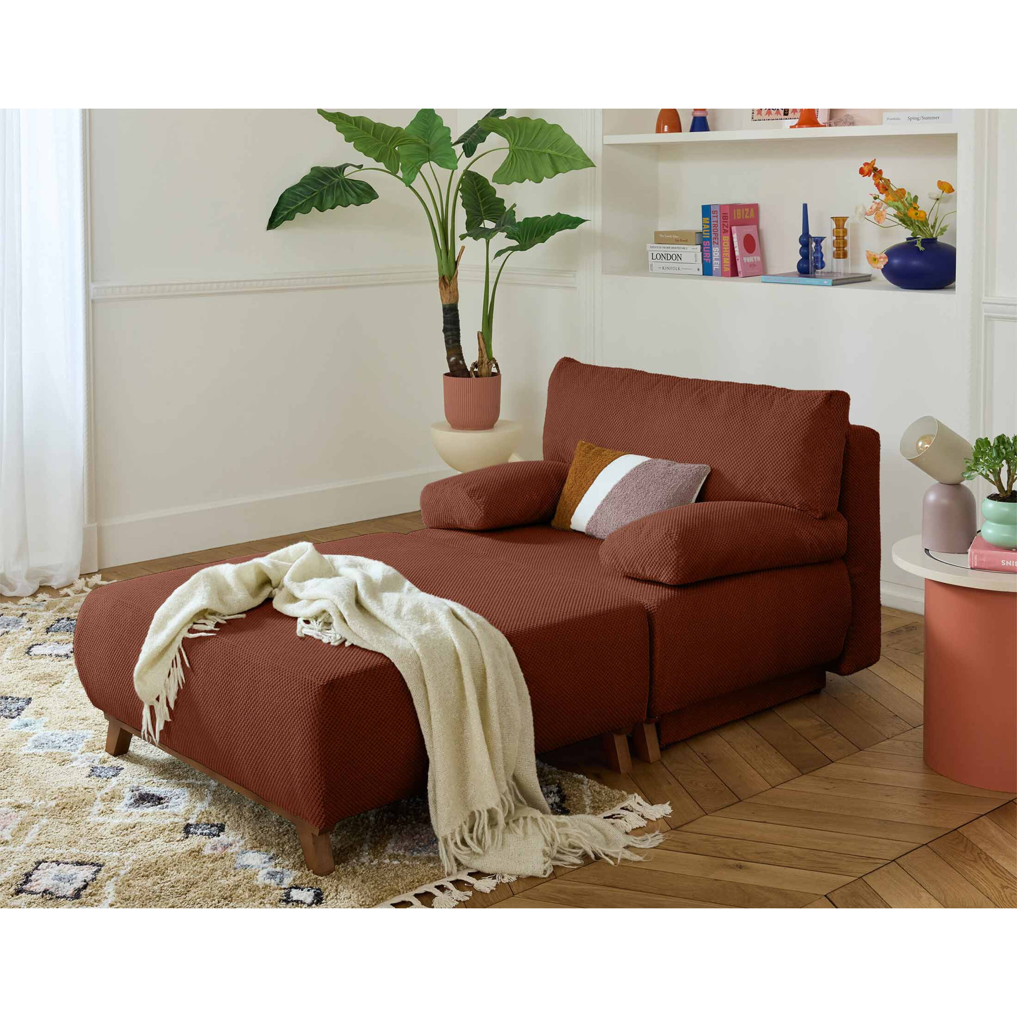 Cristal - fauteuil - convertible avec coffre et grand pouf - en velours texturé - Terracotta