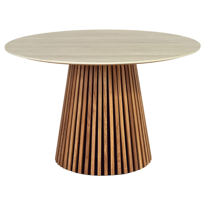 Freya - table à manger ronde effet bois - plateau effet travertin - 6 personnes - Bois / Beige