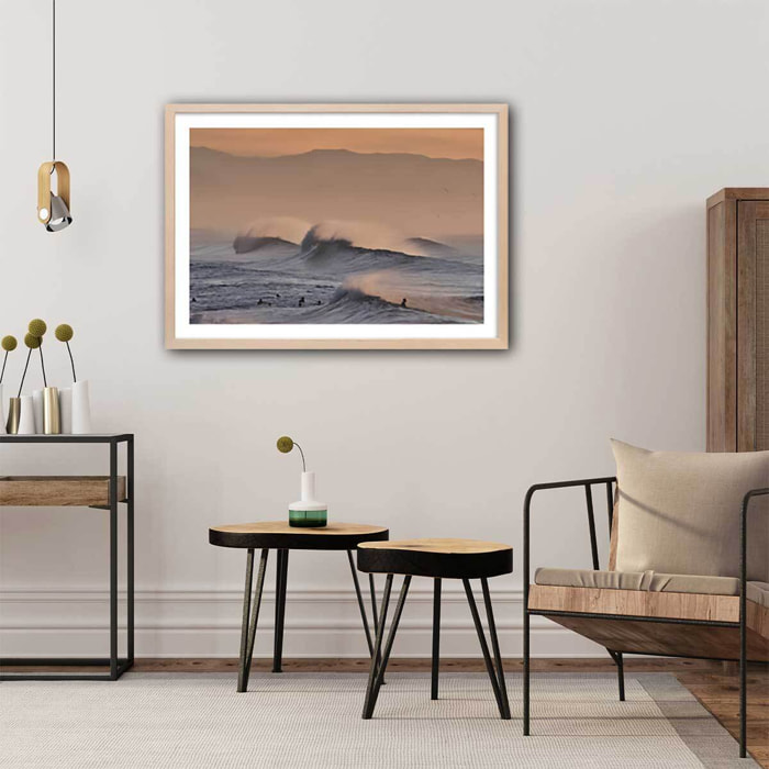 Affiche photo plage hossegor mouettes au pic Affiche + cadre en bois - Chêne