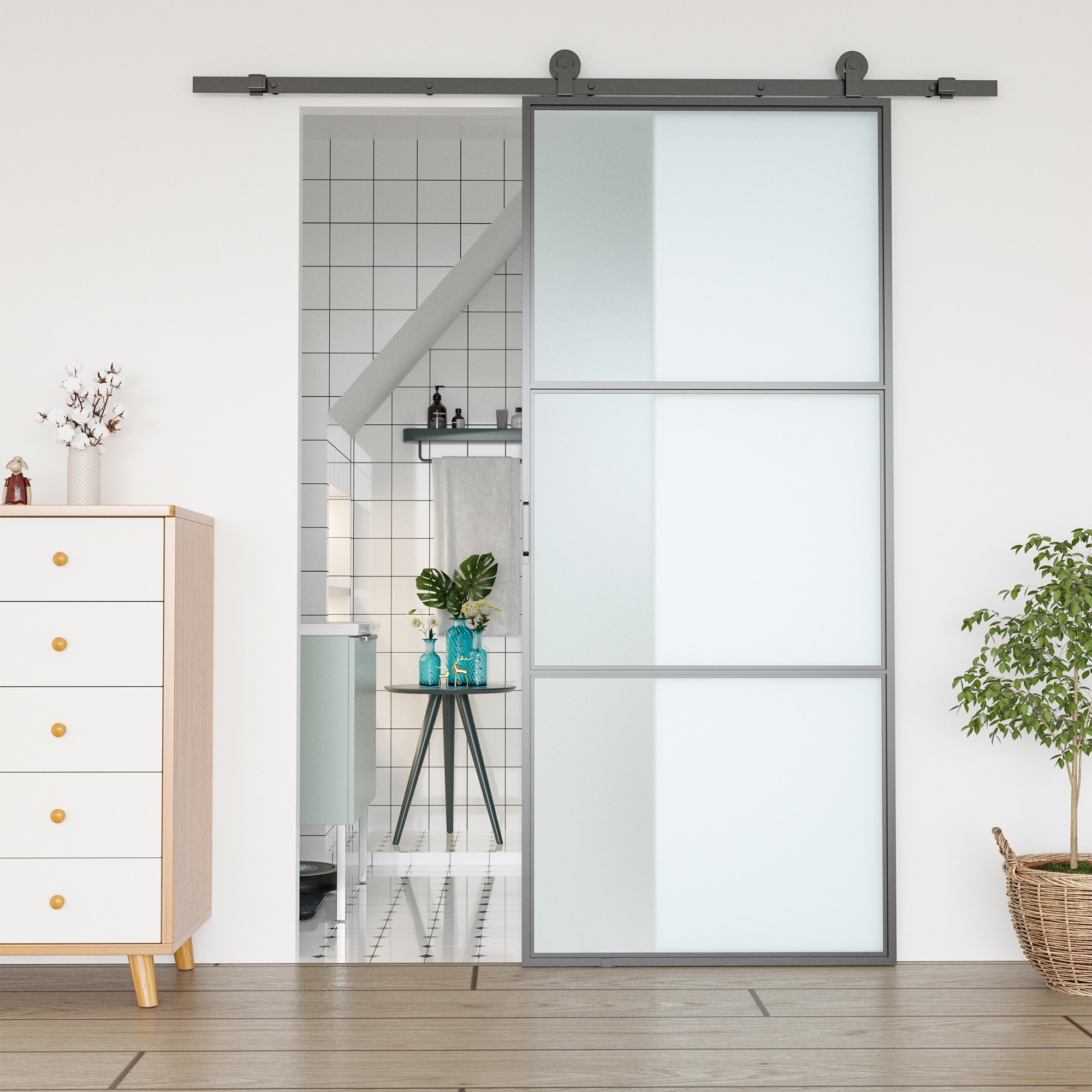 Herraje para Puerta Corredera 200 cm Kit de Accesorios para Puerta Corredera Carga 100 kg con 2 Rieles de Acero al Carbono Guia para Puerta de Granero 200x40x0,6 cm Negro