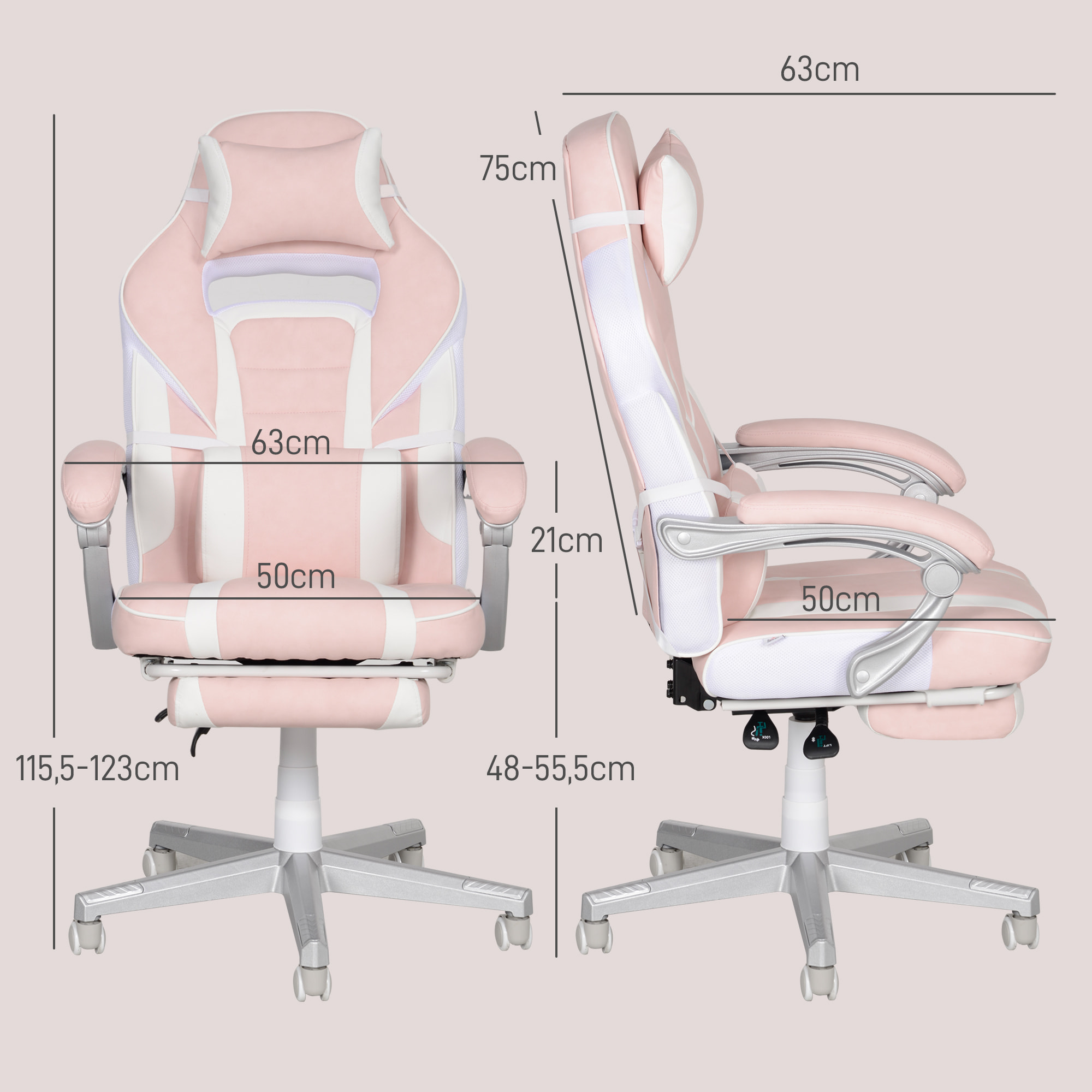 Chaise gaming inclinable réglable repose-pieds rétractable blanc rose pâle