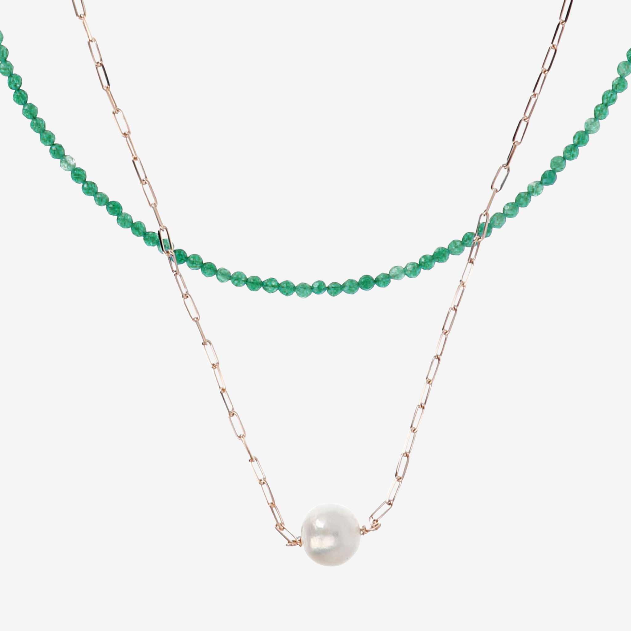 PERLAVIVA - Doppia Collana con Quarzite Verde e Perla Ming Bianca Ø 11 mm in Argento 925 placcato Oro Rosa 18Kt