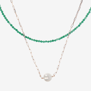 PERLAVIVA - Doppia Collana con Quarzite Verde e Perla Ming Bianca Ø 11 mm in Argento 925 placcato Oro Rosa 18Kt