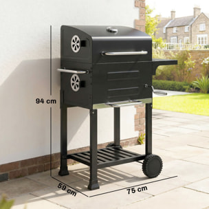 Barbacoa de Carbón Portátil, Barbacoa de Carbón con Termómetro, Ventilación Ajustable, Parrilla de Acero Inoxidable, Estante Lateral, Tapa, Bandeja Cenizas, Ruedas, Estante Inferior, Negro