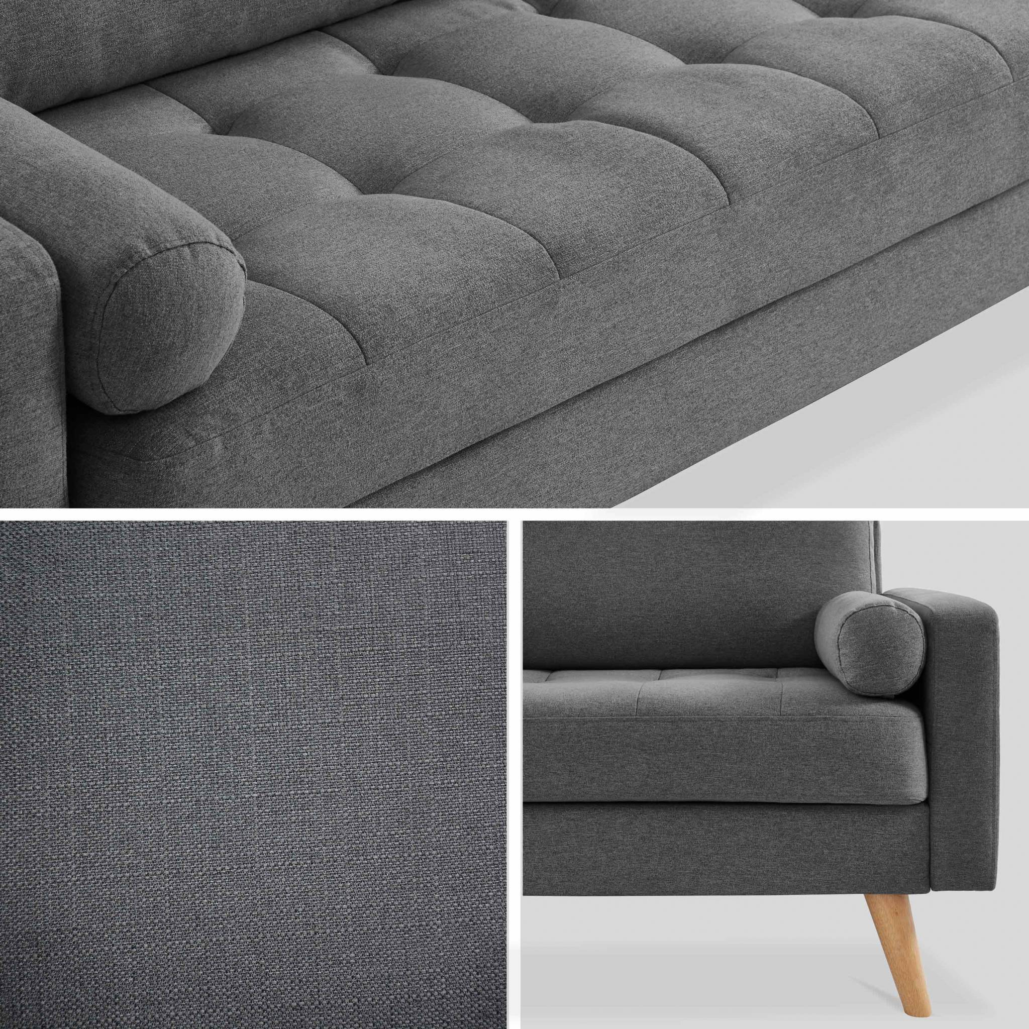 Canapé en tissu gris foncé. 3 places scandinave fixe. droit. pieds bois