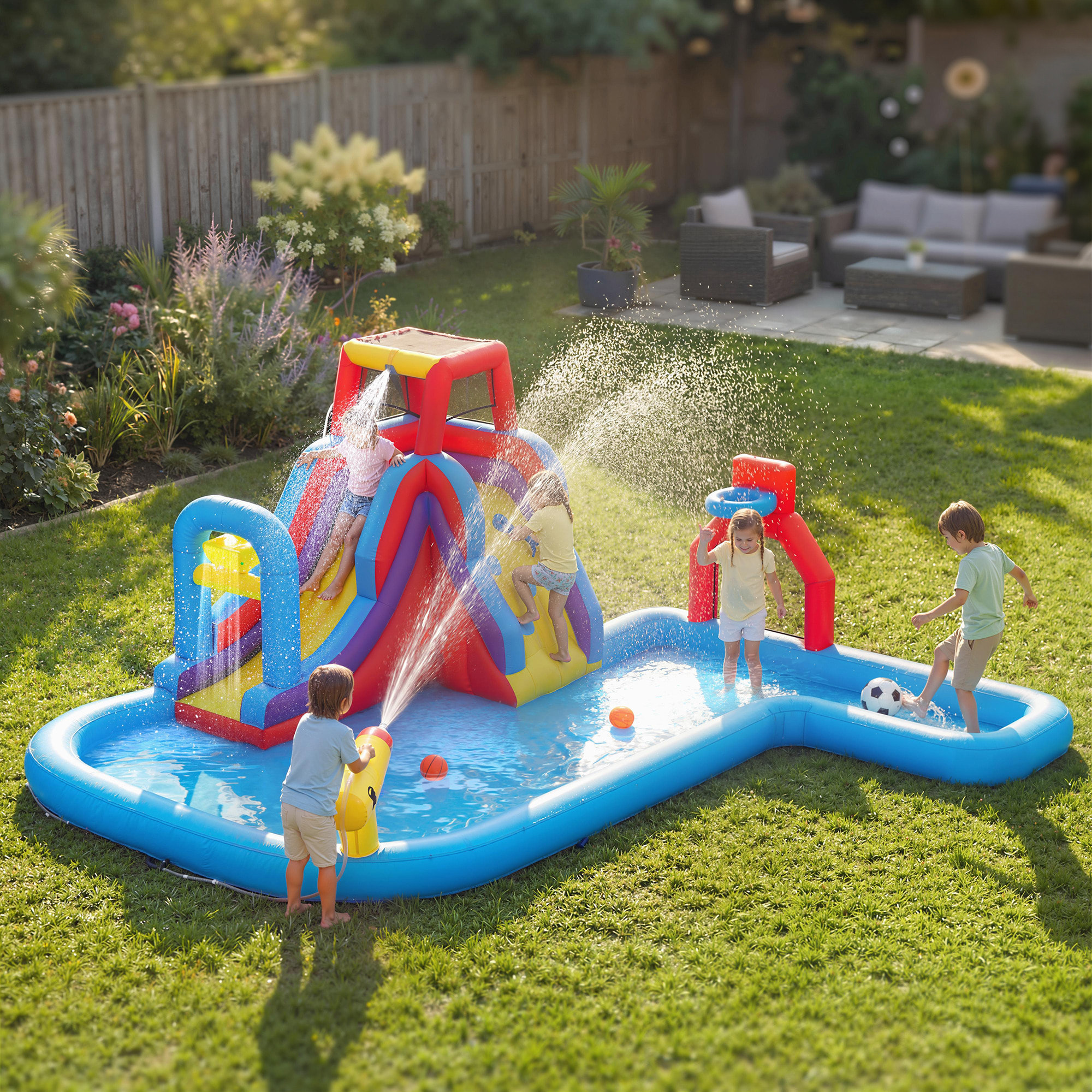 Castillo Hinchable Acuático con Soplador 550W 6 en 1 Castillo Hinchable para Niños con Tobogán Pared de Escalada Piscina Aro de Baloncesto Portería de Fútbol Exterior Interior 470x445x205 cm