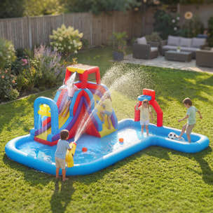 Castillo Hinchable Acuático con Soplador 550W 6 en 1 Castillo Hinchable para Niños con Tobogán Pared de Escalada Piscina Aro de Baloncesto Portería de Fútbol Exterior Interior 470x445x205 cm