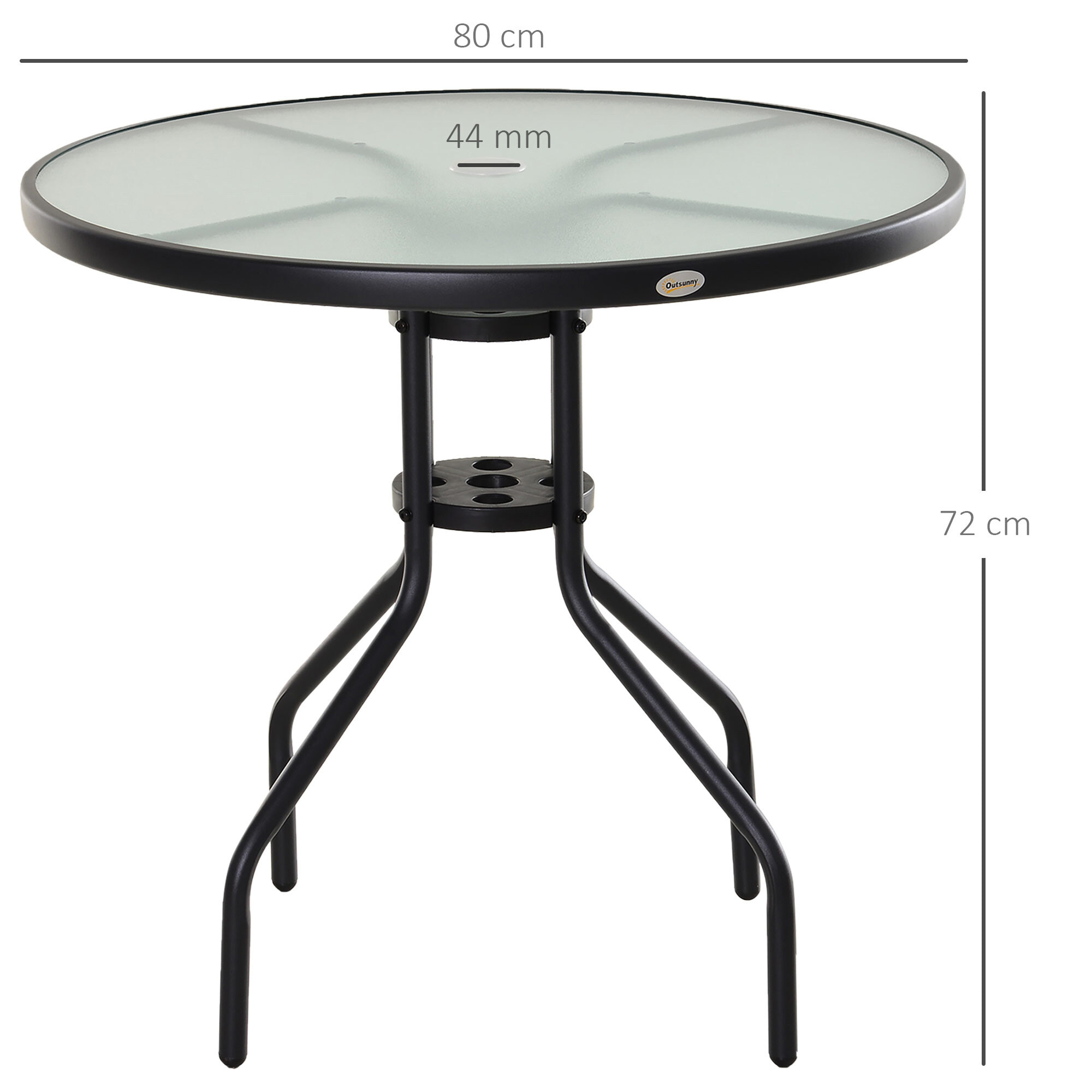 Mesa de Jardín Redonda Mesa Comedor de Cristal Templado con Agujero para Sombrilla y Estructura Metálica para Patio Terraza Balcón Exterior Ø80x72 cm Negro