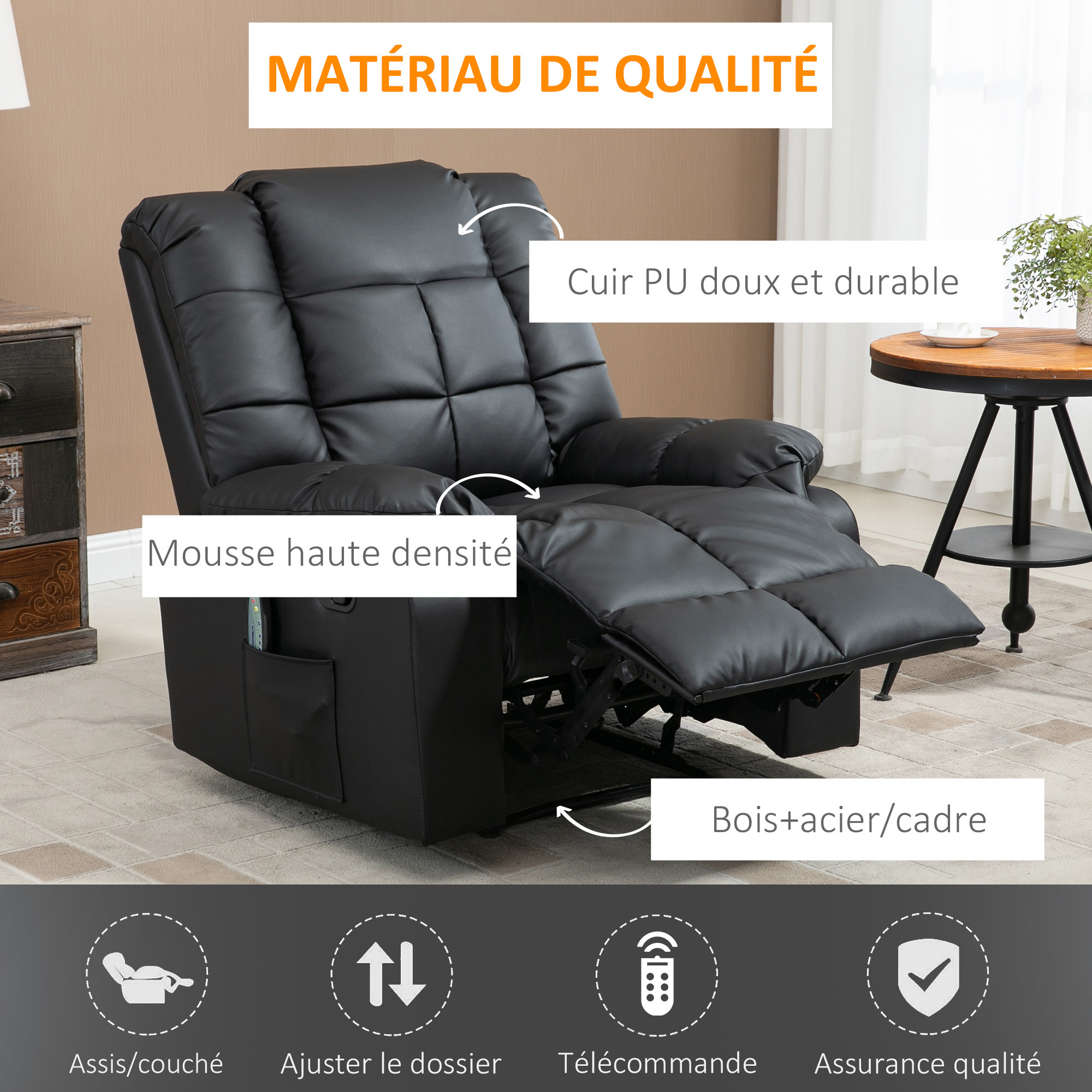 Fauteuil luxe de relaxation et massage inclinaison dossier repose-pied réglable revêtement synthétique noir